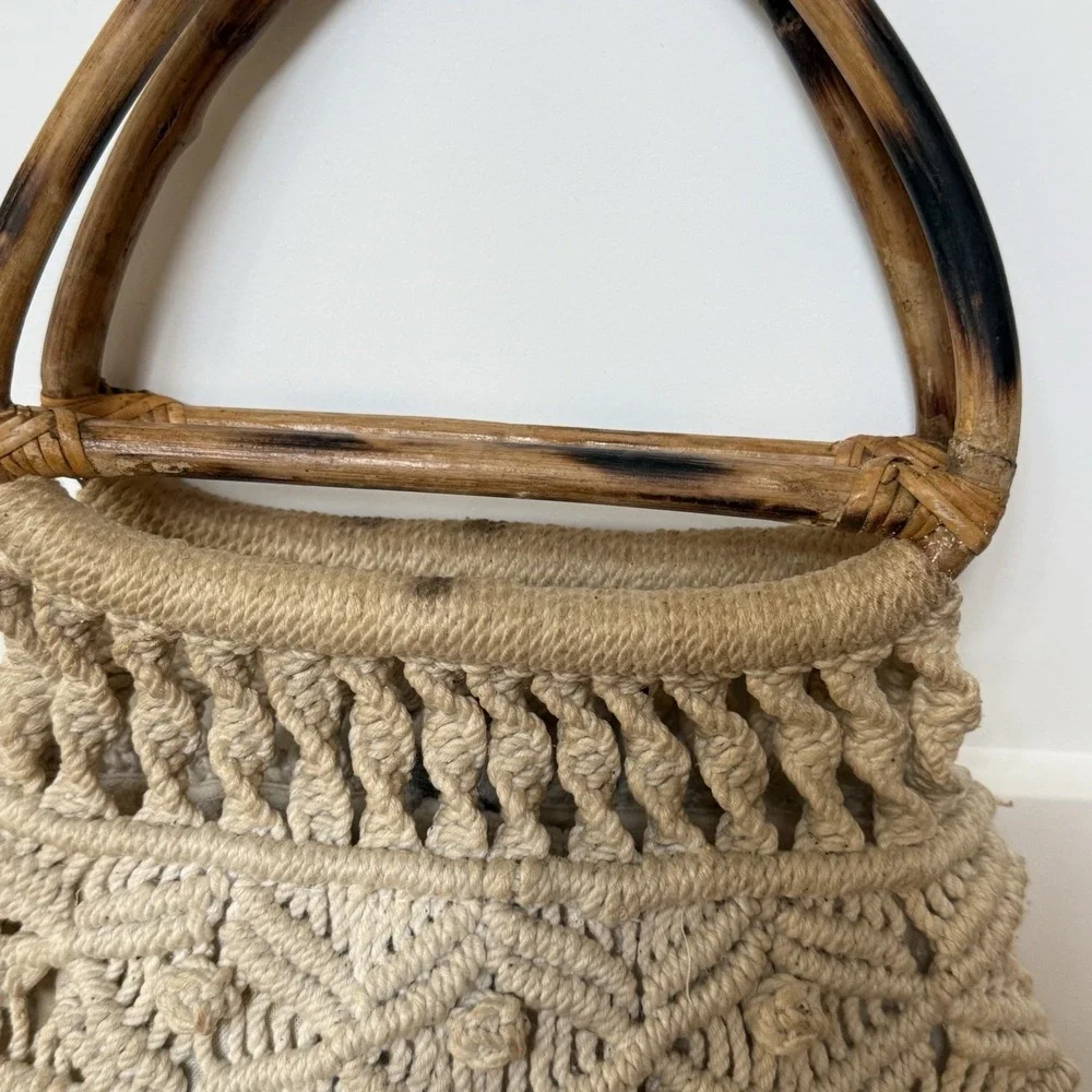 Hand Made Vintage 1970's‎  Macrame' Cream Color Sack Purse with Bamboo Handles
